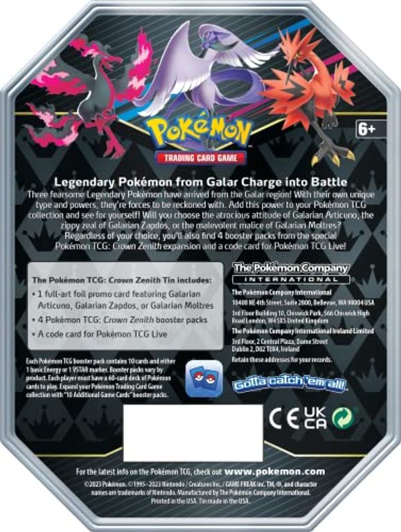 Pokémon TCG: Crown Zenith Tin (Galarian Zapdos) rückseite der box