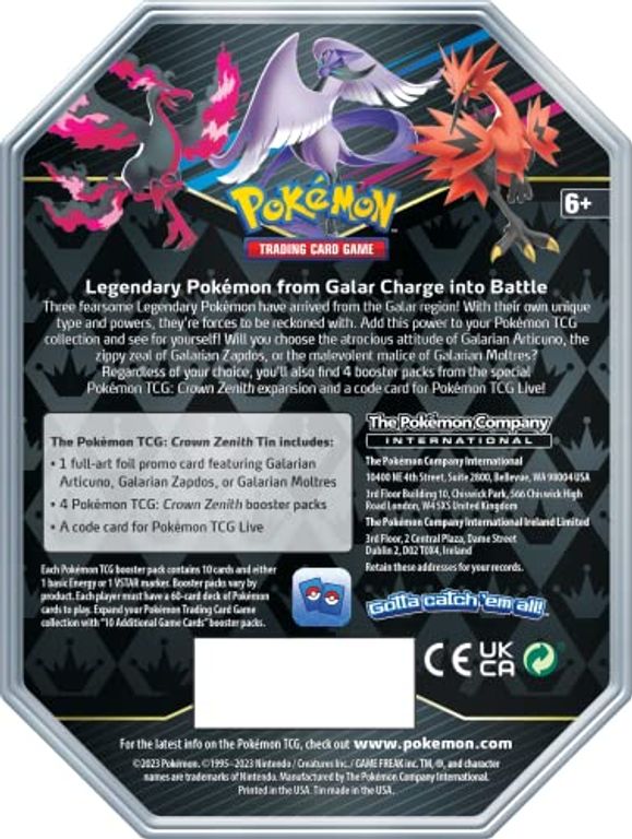 Pokémon TCG: Crown Zenith Tin (Galarian Moltres) back of the box