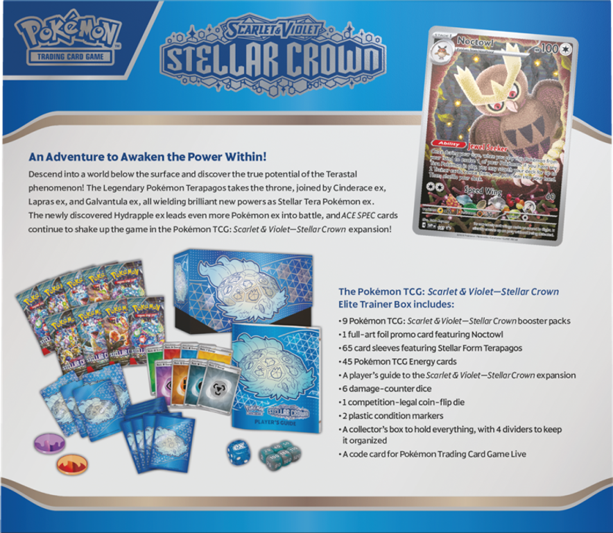 Pokémon TCG: Scarlet & Violet - Stellar Crown Elite Trainer Box back of the box