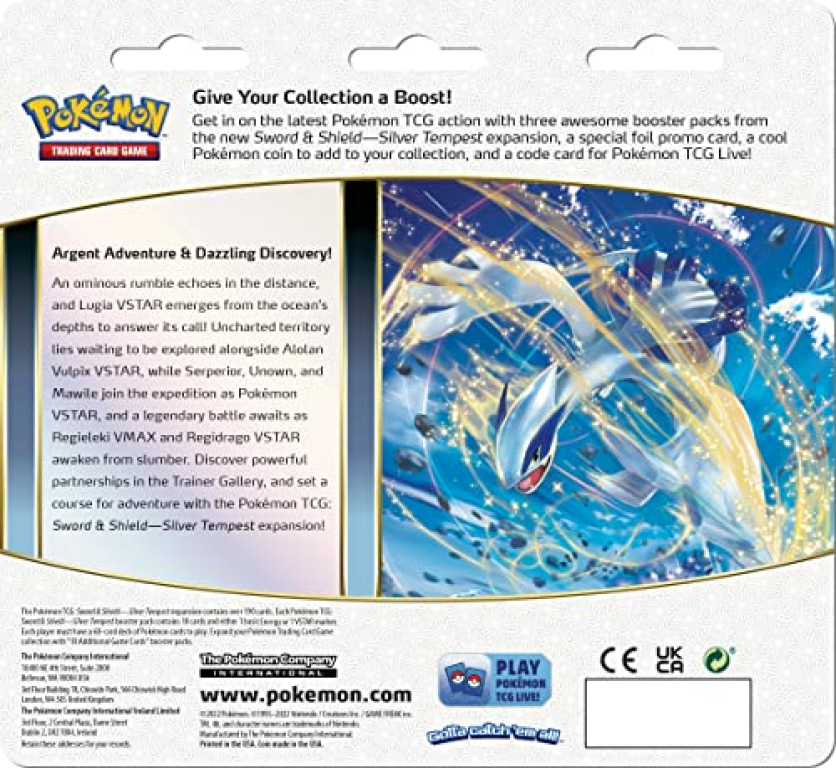 Pokémon TCG: sword and shield - Silver Tempest Three-Booster Blister achterkant van de doos