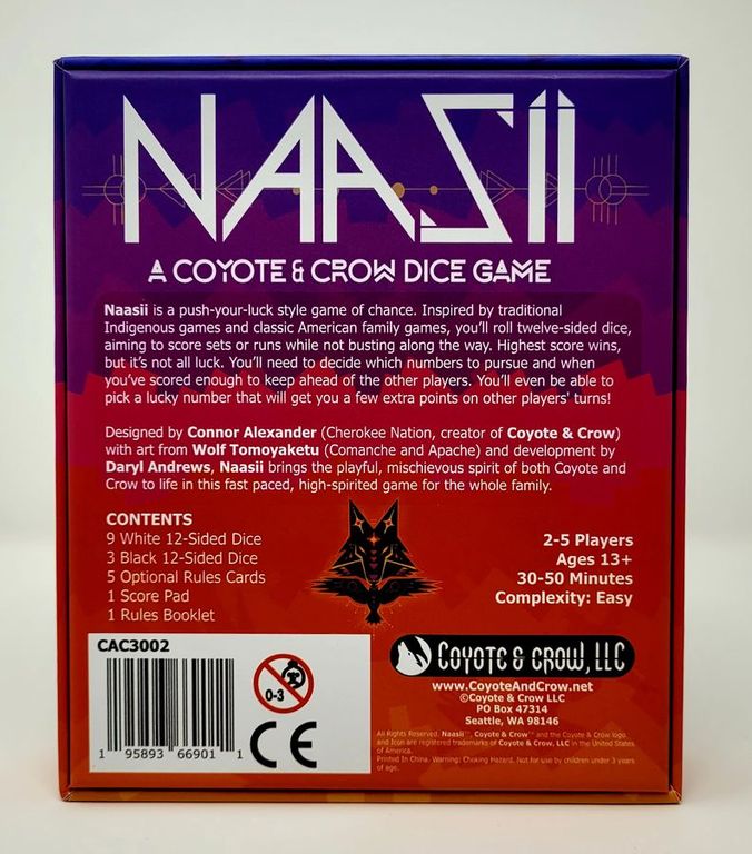 Naasii: A Coyote & Crow Dice Game achterkant van de doos