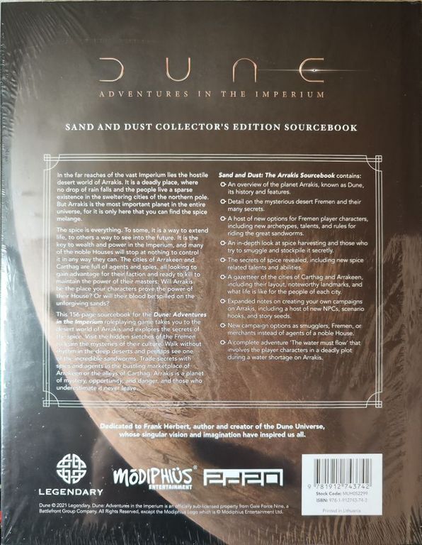 Sand and Dust: The Arrakis Sourcebook parte posterior de la caja