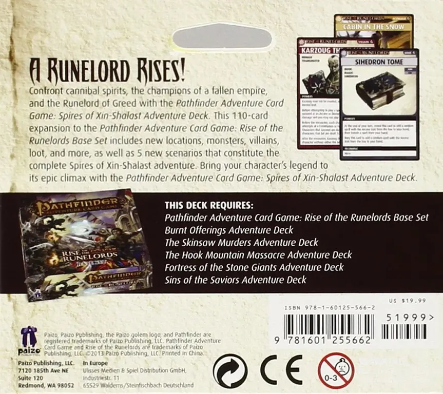 Pathfinder Adventure Card Game: Rise of the Runelords – Adventure Deck 6: Spires of Xin-Shalast back of the box