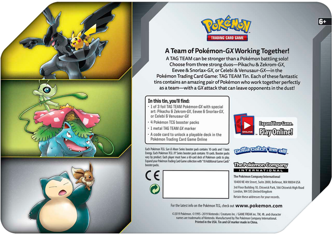 Pokémon TCG: Eevee & Snorlax-GX TAG Team Tin parte posterior de la caja