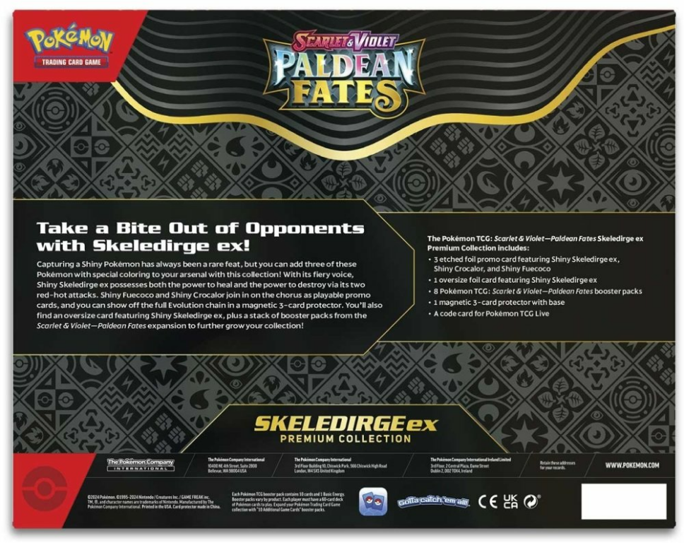 Pokémon TCG: Scarlet & Violet-Paldean Fates Skeledirge ex Premium Collection rückseite der box