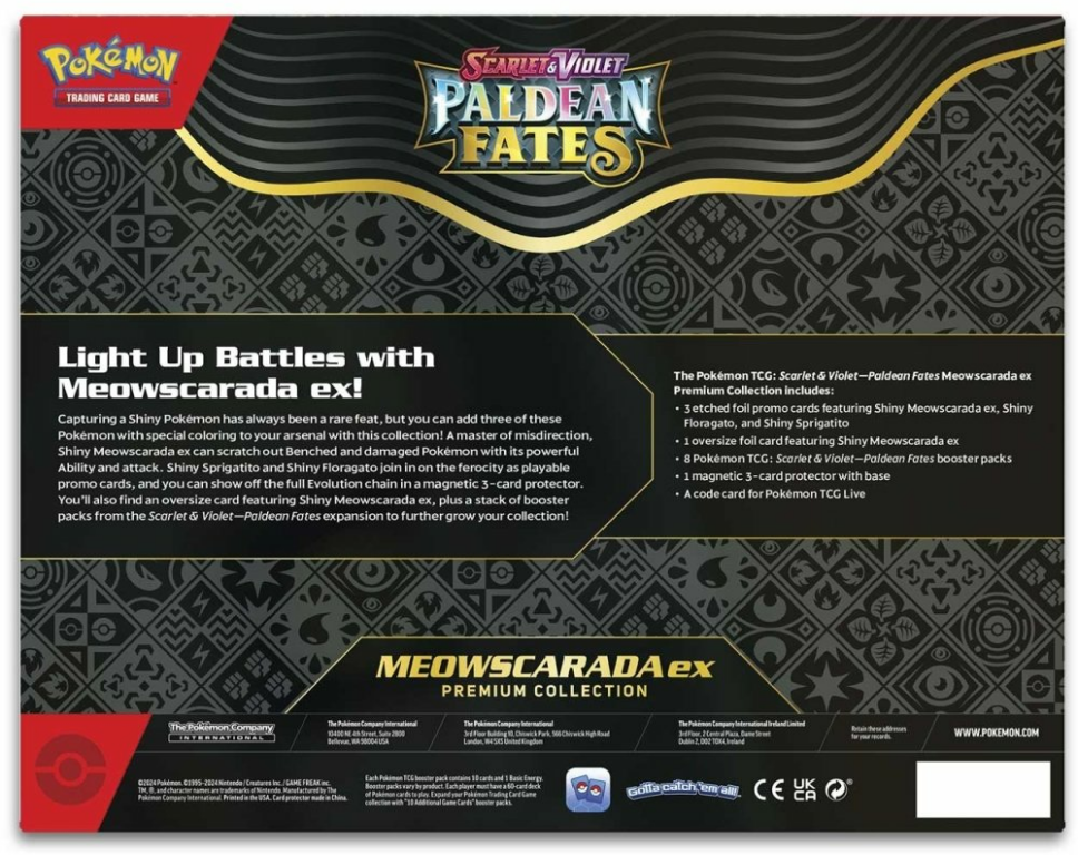 Pokémon TCG: Scarlet & Violet-Paldean Fates Meowscarada ex Premium Collection parte posterior de la caja