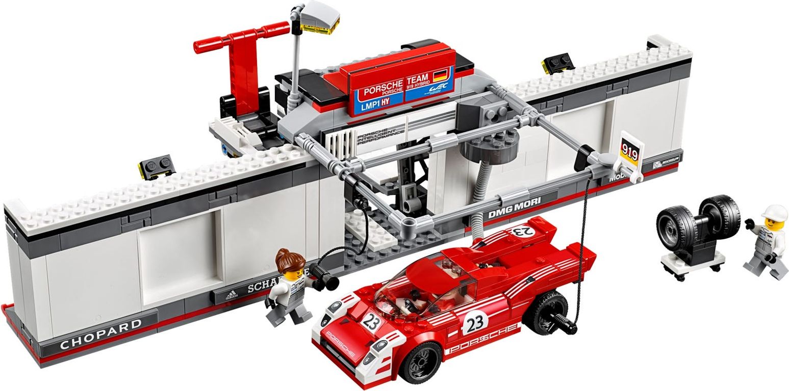 LEGO® Speed Champions Puesto de reparación para Porsche 919 Hybrid y 917K jugabilidad