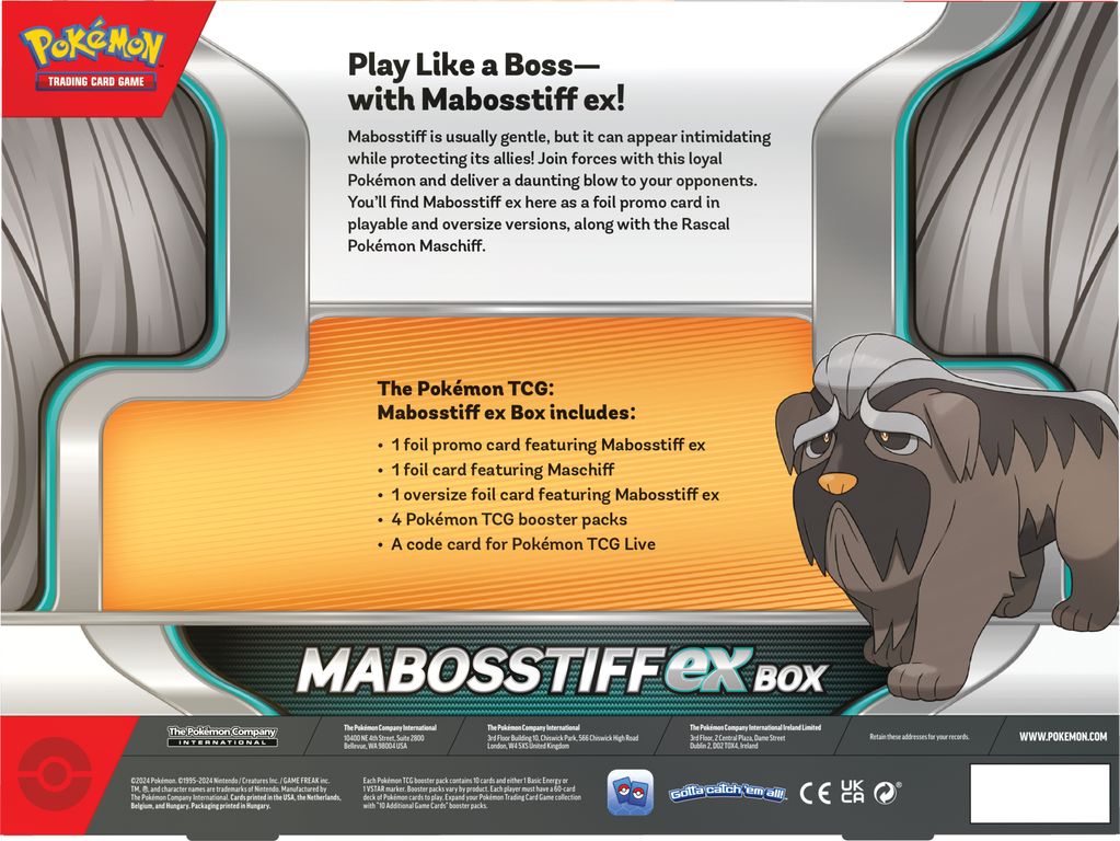 Pokémon Mabosstiff Ex Box parte posterior de la caja