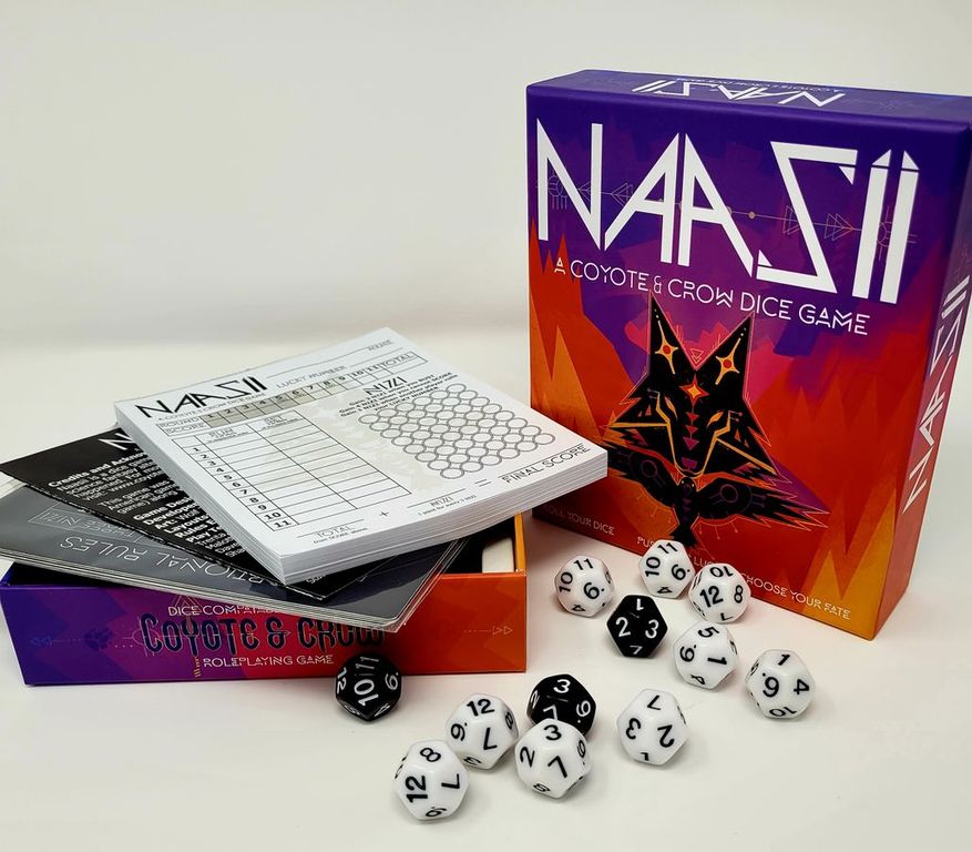 Naasii: A Coyote & Crow Dice Game components