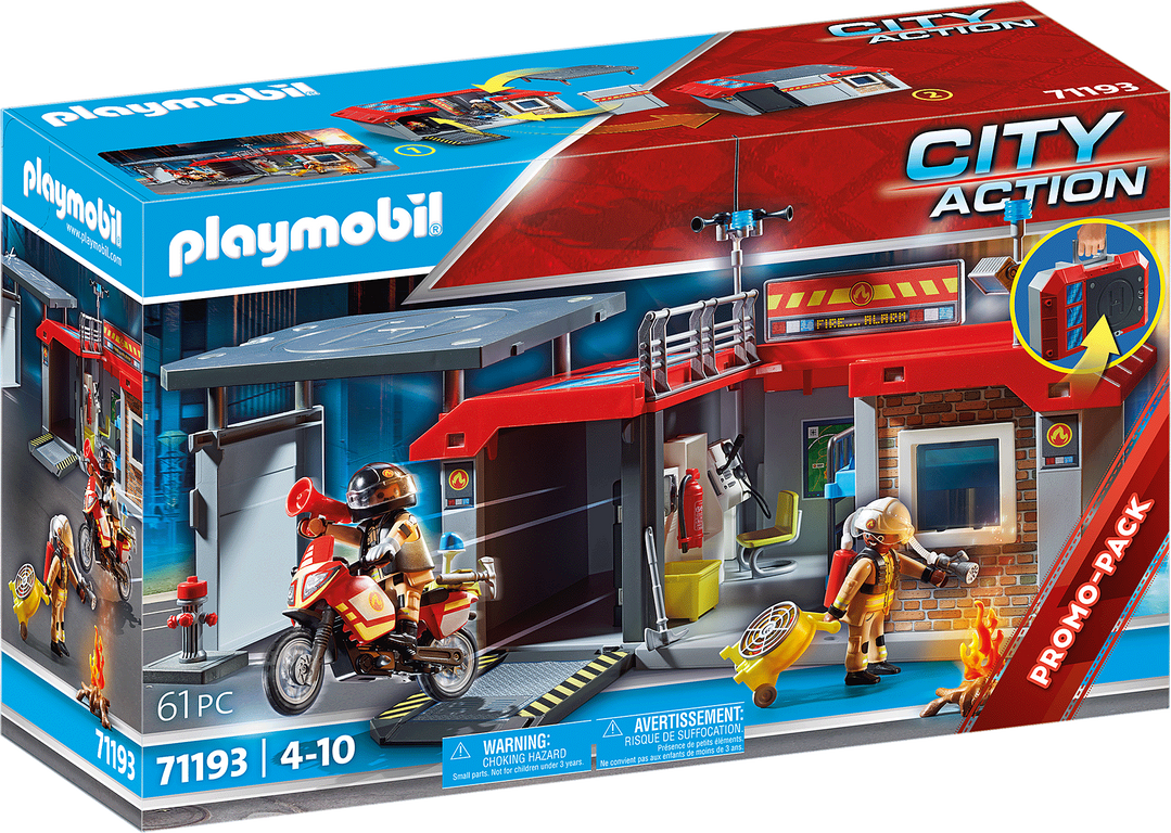 PLAYMOBIL - Caserne de pompiers transportable - City Action - Avec moto et  hélicoptère