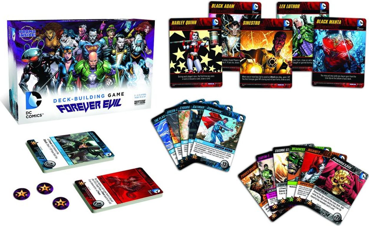 DC Comics Deck-Building Game: Forever Evil componenten