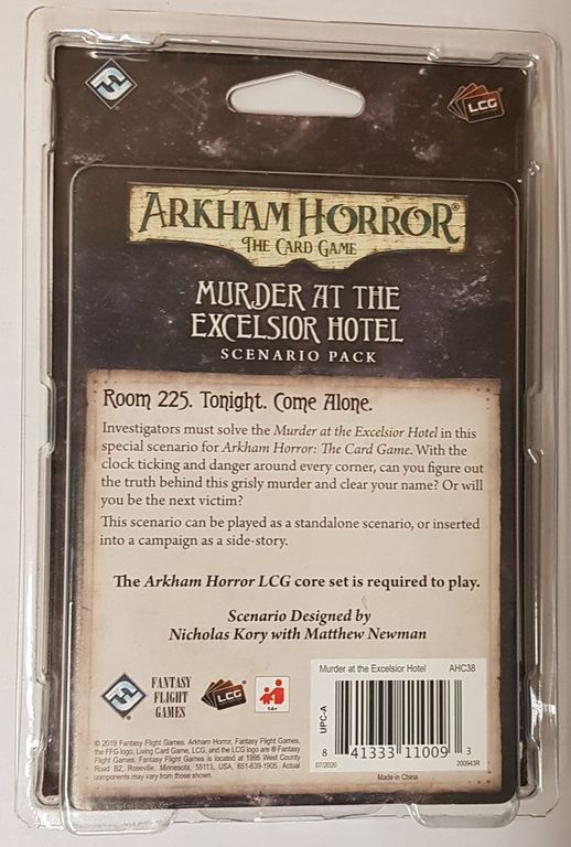 Arkham Horror: The Card Game – Murder at the Excelsior Hotel: Scenario Pack back of the box