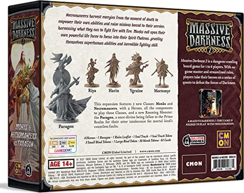 Massive Darkness 2: Heroes & Monster Set – Monks & Necromancers vs The Paragon parte posterior de la caja