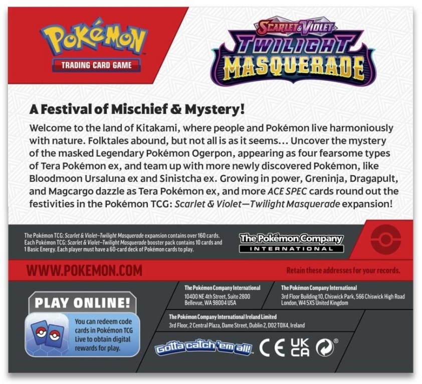 Pokémon TCG: Scarlet & Violet-Twilight Masquerade Booster Display Box (36 Packs) achterkant van de doos